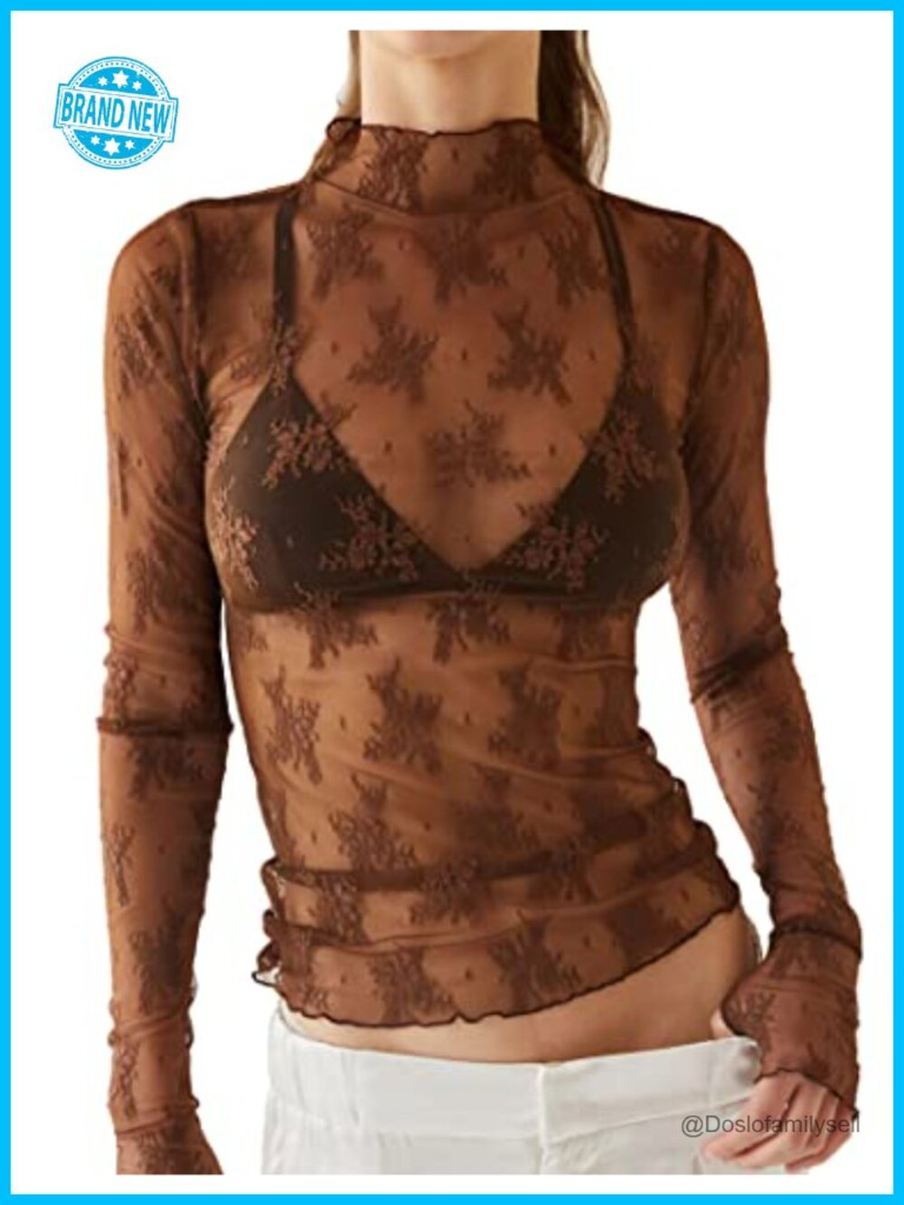 Lace Long Sleeve Mesh Top Mock Neck Sheer Blouse for Women